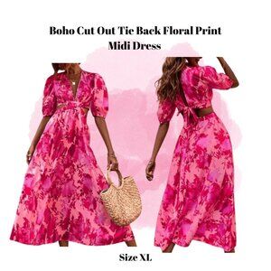 Women's Cut Out Tie Back Floral Print Midi Dress